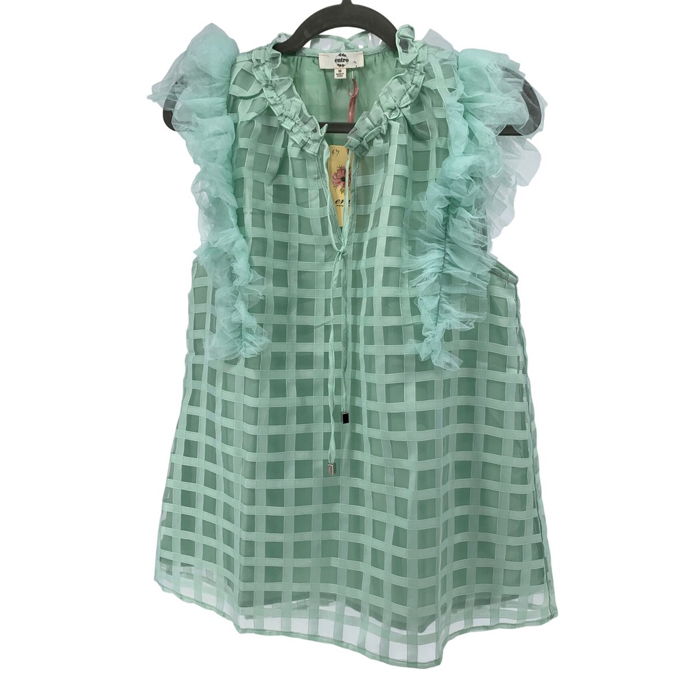 Entro Mint Green Windowpane Check Ruffle Tulle Trim Sleeveless Blouse NWT Medium - Picture 1 of 7